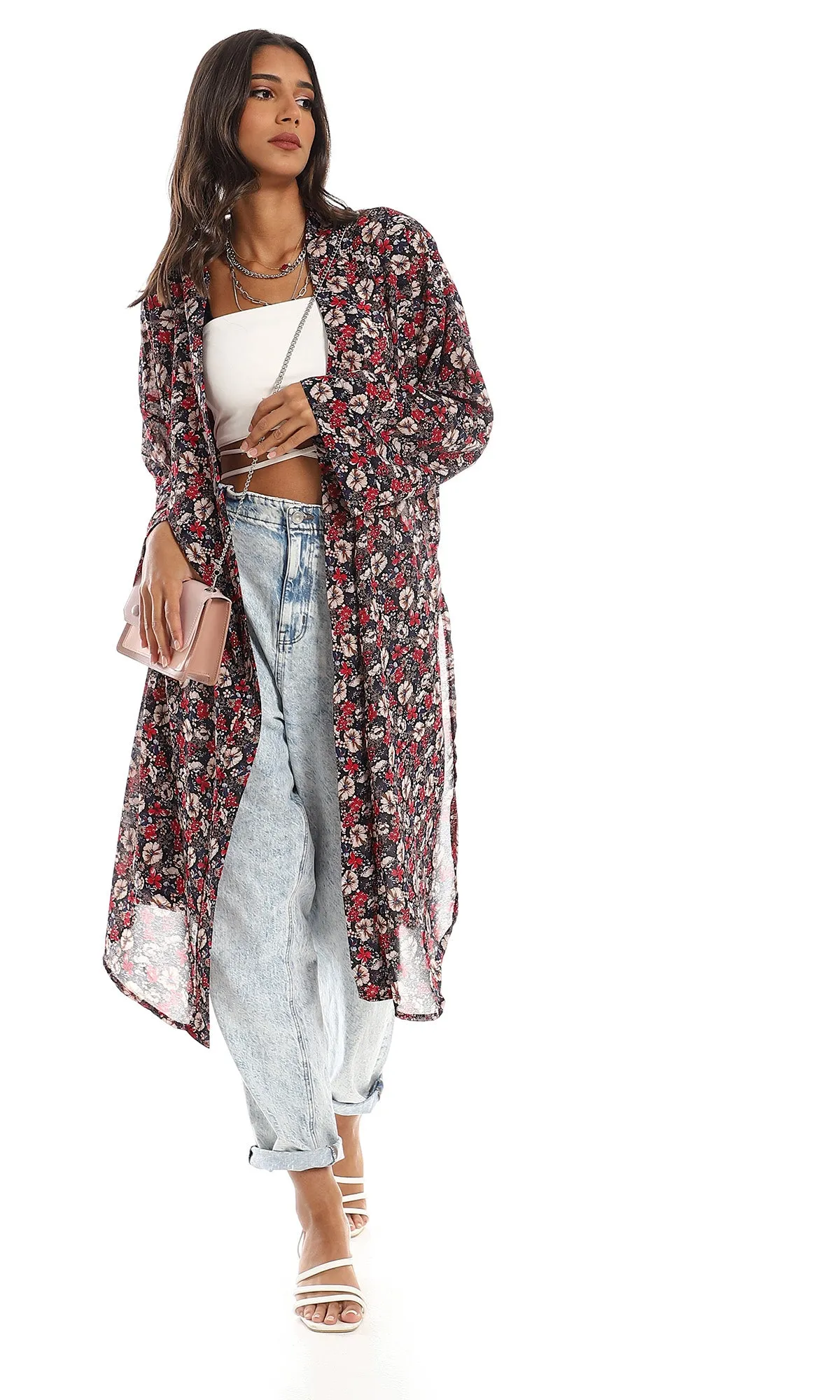 O156325 Floral Rayon Cardigan With Side Slits - Black & Red