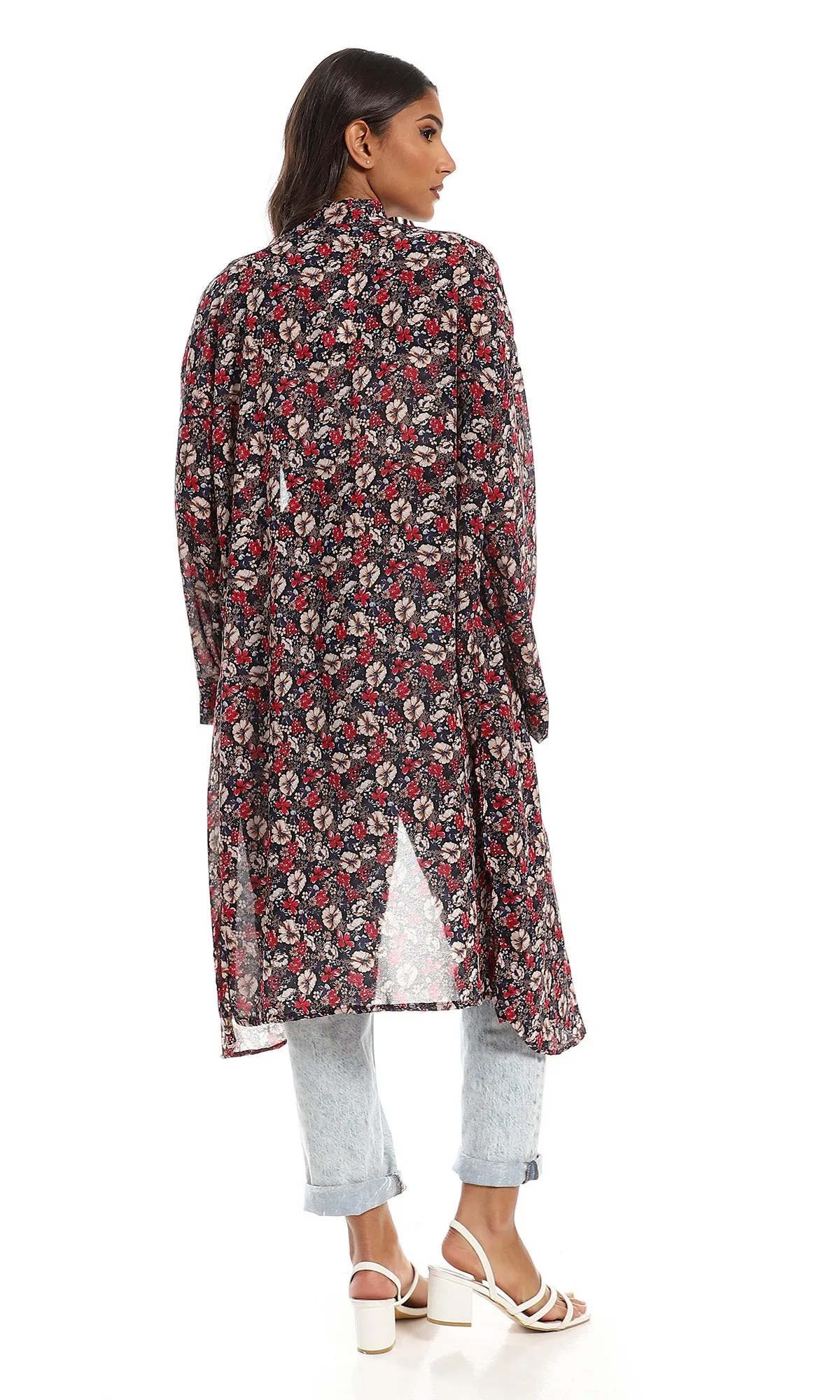 O156325 Floral Rayon Cardigan With Side Slits - Black & Red