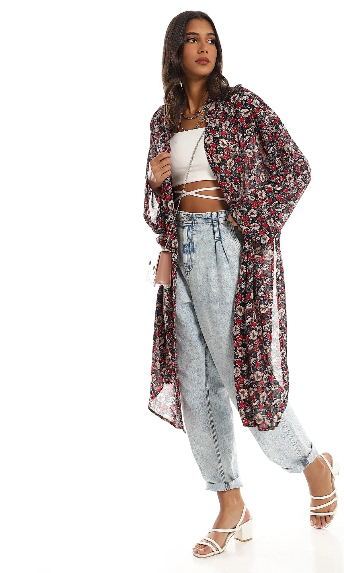 O156325 Floral Rayon Cardigan With Side Slits - Black & Red