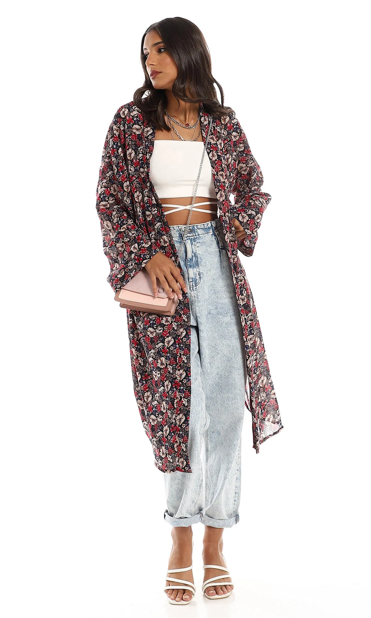 O156325 Floral Rayon Cardigan With Side Slits - Black & Red