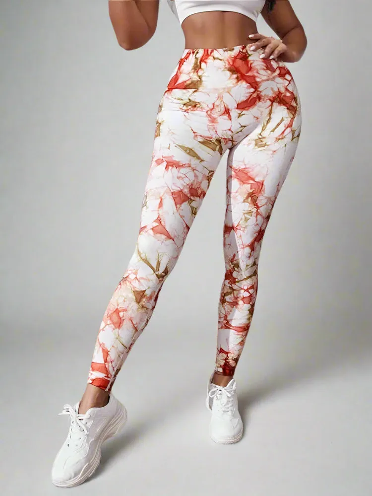 Orange Brown And White Tie-Dye Stretchy Ruched Push-Up High Waisted Leggings