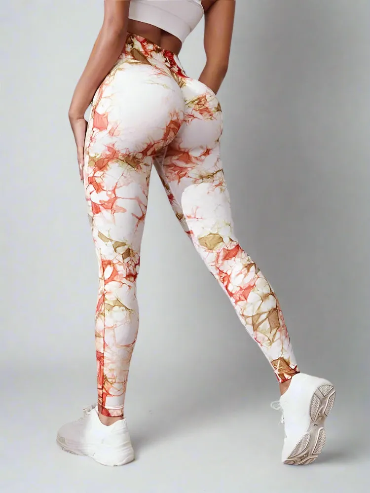 Orange Brown And White Tie-Dye Stretchy Ruched Push-Up High Waisted Leggings