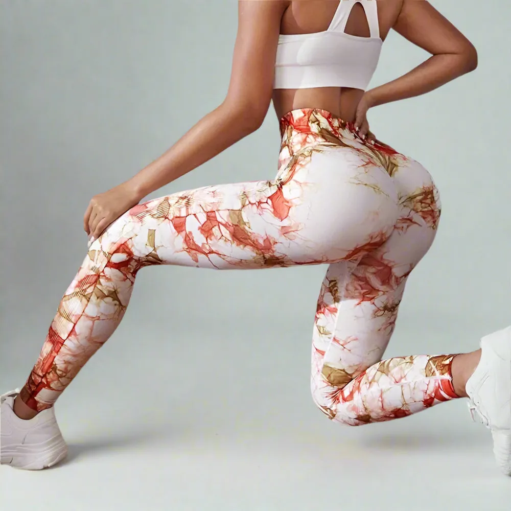 Orange Brown And White Tie-Dye Stretchy Ruched Push-Up High Waisted Leggings