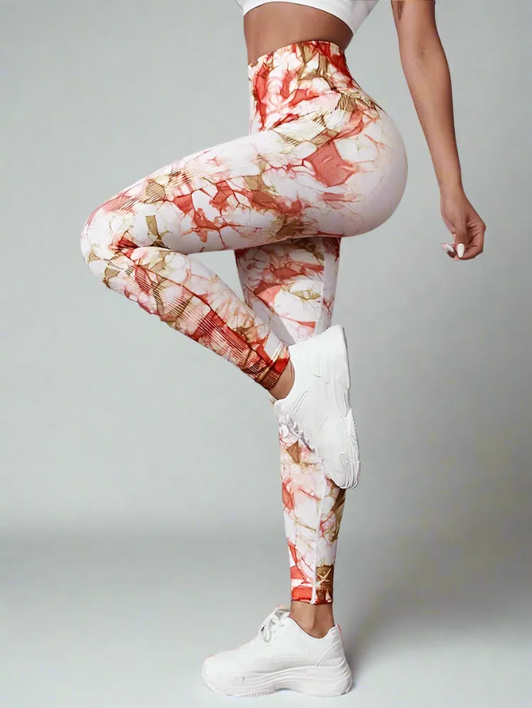 Orange Brown And White Tie-Dye Stretchy Ruched Push-Up High Waisted Leggings