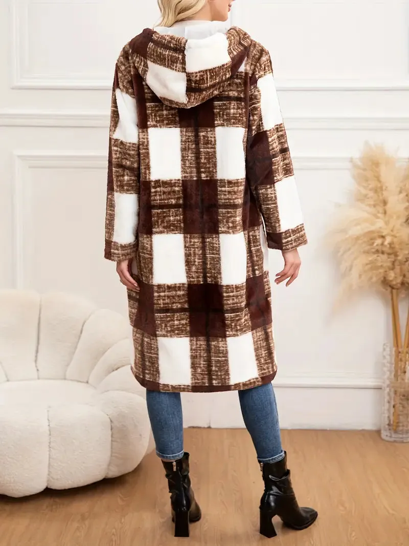 Plus Size Damen Plaid Kapuzenjacke – Warmer Polyester Wintermantel