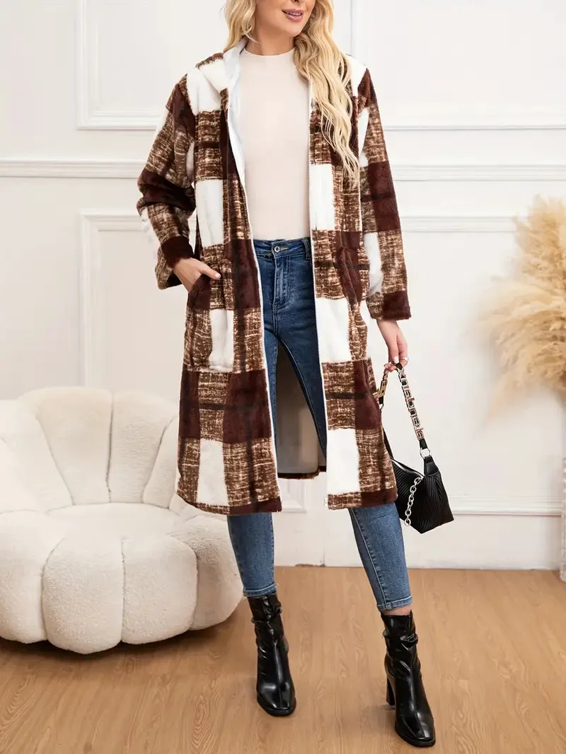 Plus Size Damen Plaid Kapuzenjacke – Warmer Polyester Wintermantel