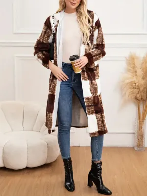 Plus Size Damen Plaid Kapuzenjacke – Warmer Polyester Wintermantel