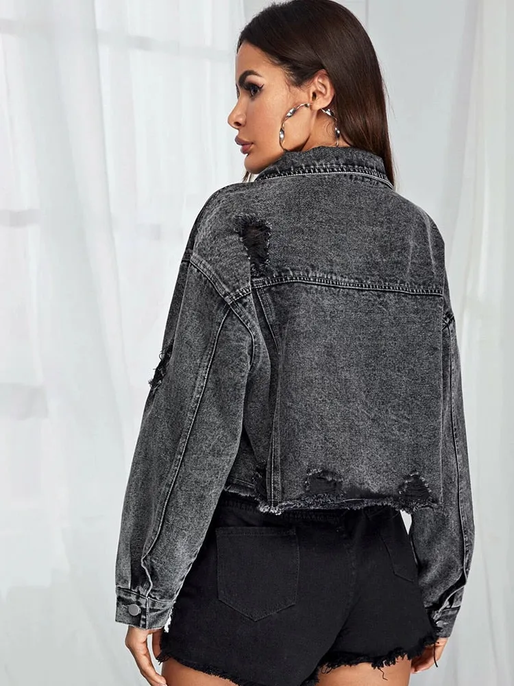 Raw Hem Retro Short Denim Jacket Streetwear
