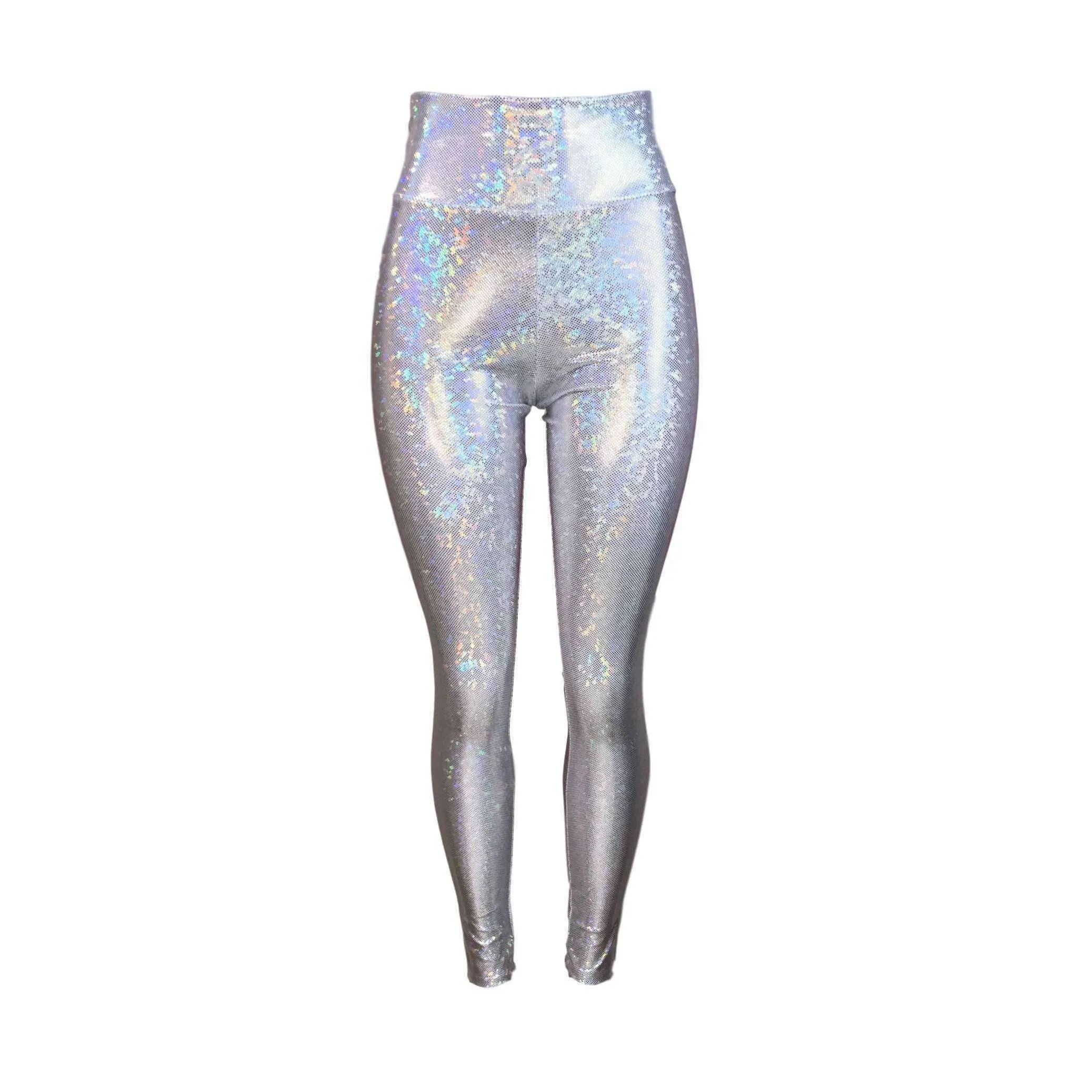 Silver Shattered Glass Holographic High Waisted Leggings Pants