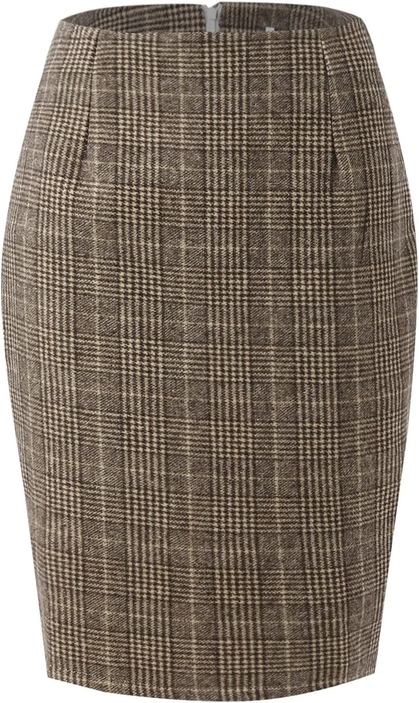 Skirts for Women Pencil Plaid Skirts Zip High Waisted Bodycon Knee Length Wool Midi Skirt
