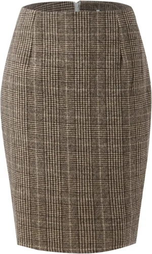 Skirts for Women Pencil Plaid Skirts Zip High Waisted Bodycon Knee Length Wool Midi Skirt