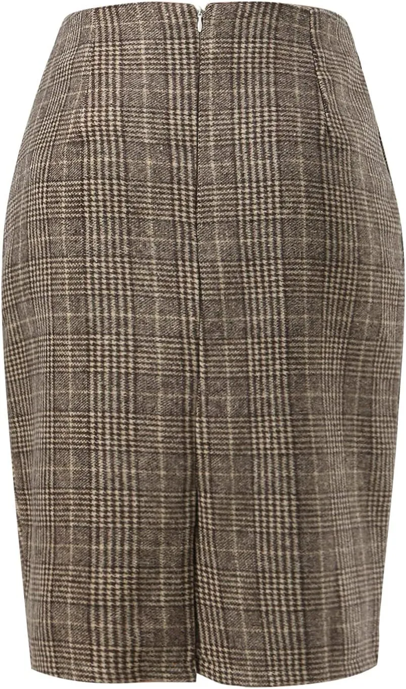 Skirts for Women Pencil Plaid Skirts Zip High Waisted Bodycon Knee Length Wool Midi Skirt