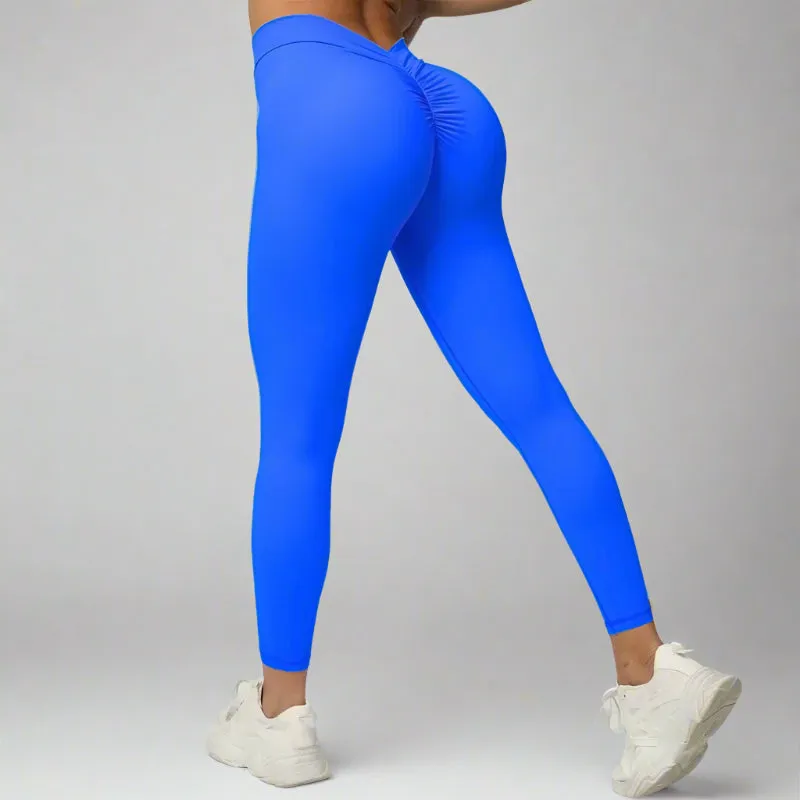 Solid Color Stretchy Back V-Cut Ruched Booty High Waisted Leggings