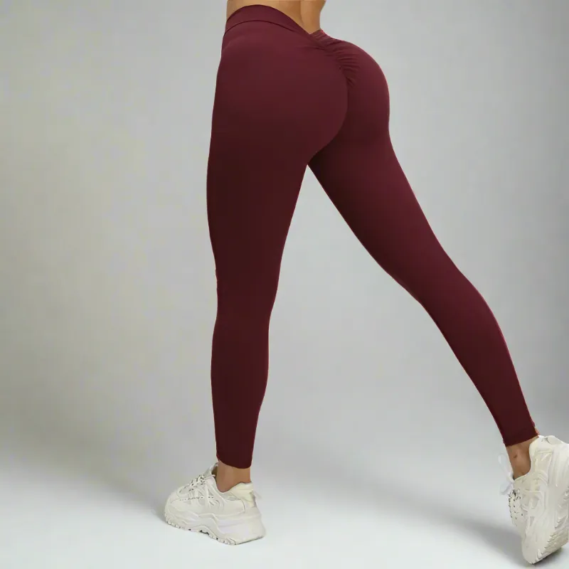 Solid Color Stretchy Back V-Cut Ruched Booty High Waisted Leggings