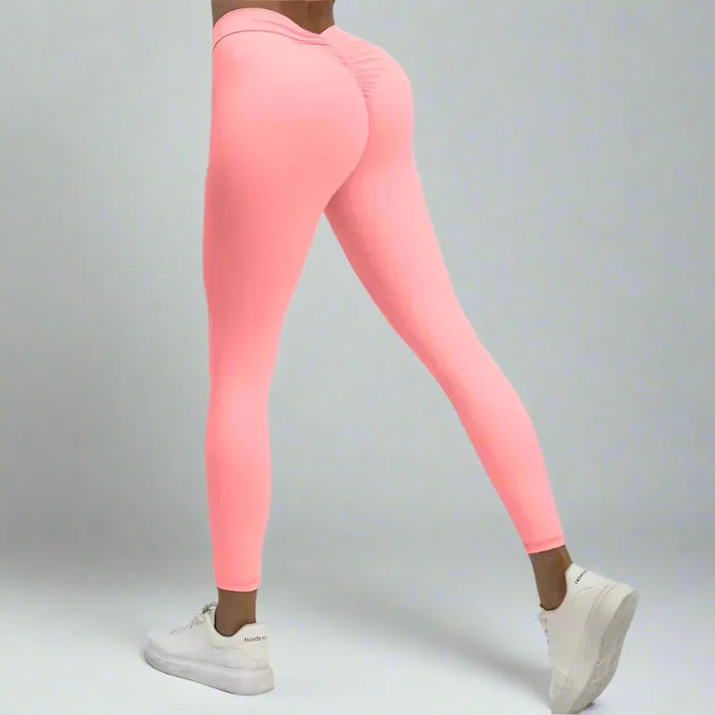 Solid Color Stretchy Back V-Cut Ruched Booty High Waisted Leggings