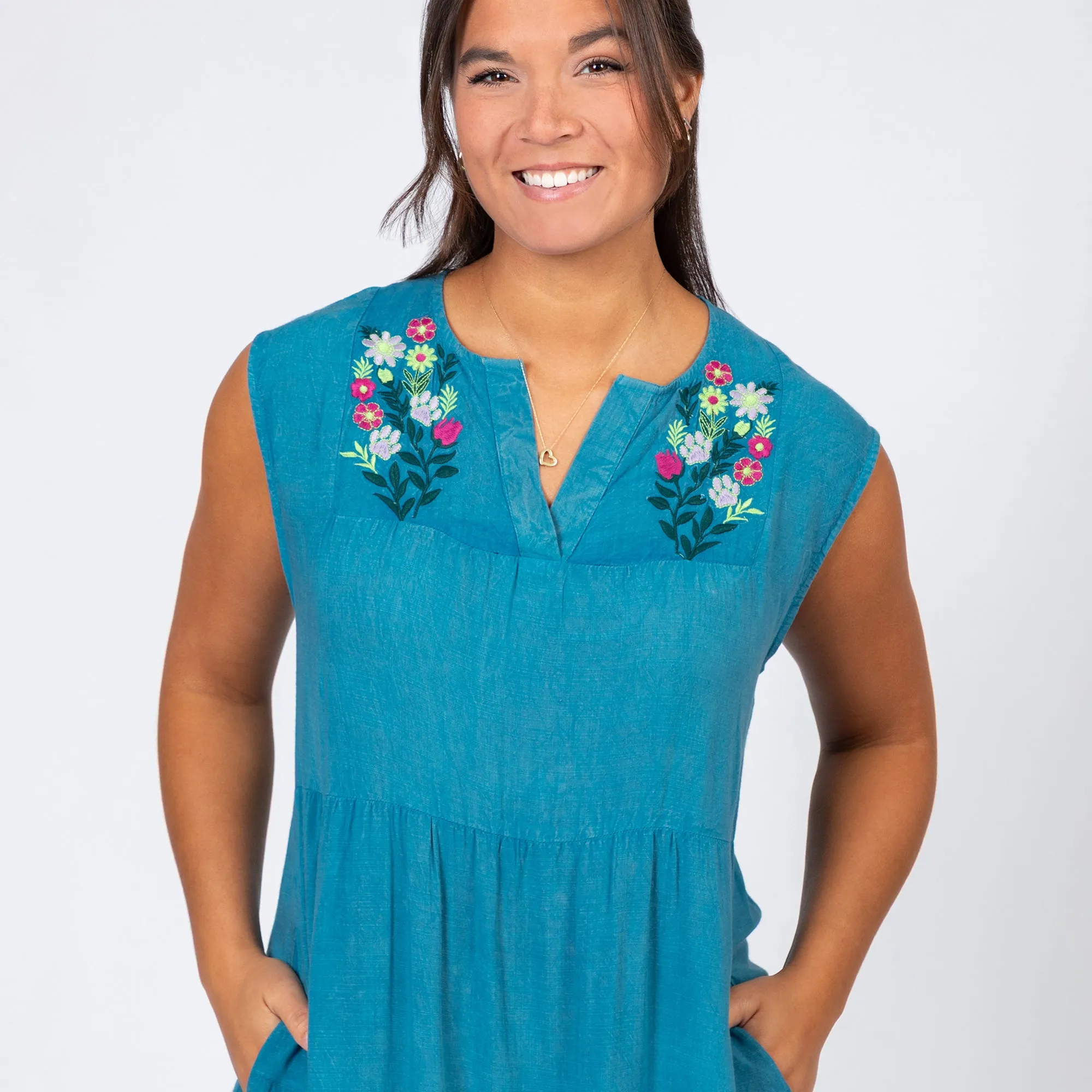 Stonewashed Paw Embroidered Tiered Sleeveless Dress