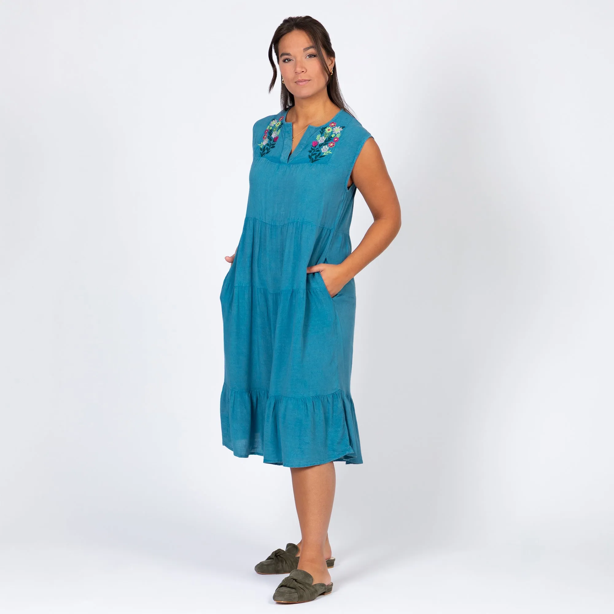 Stonewashed Paw Embroidered Tiered Sleeveless Dress