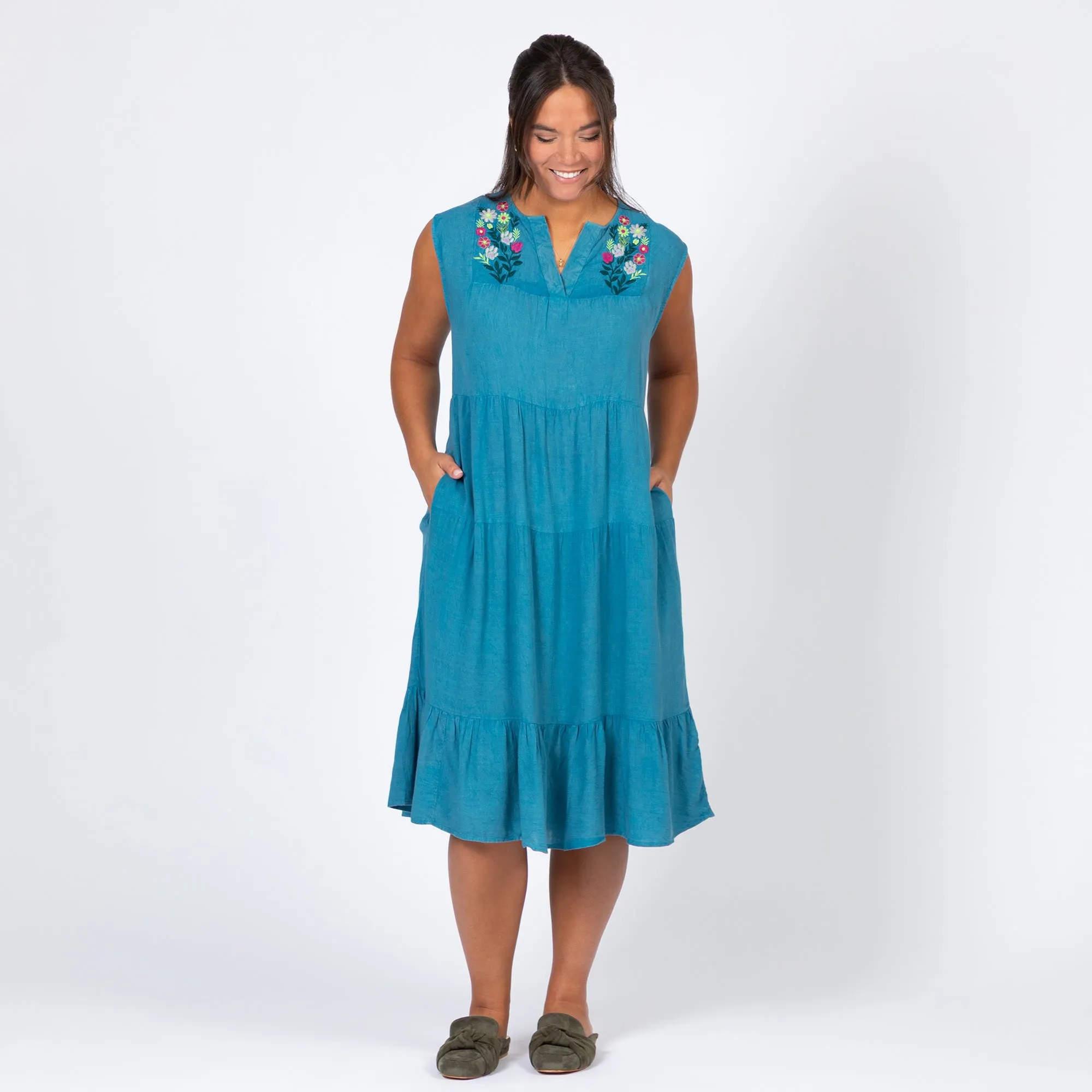 Stonewashed Paw Embroidered Tiered Sleeveless Dress