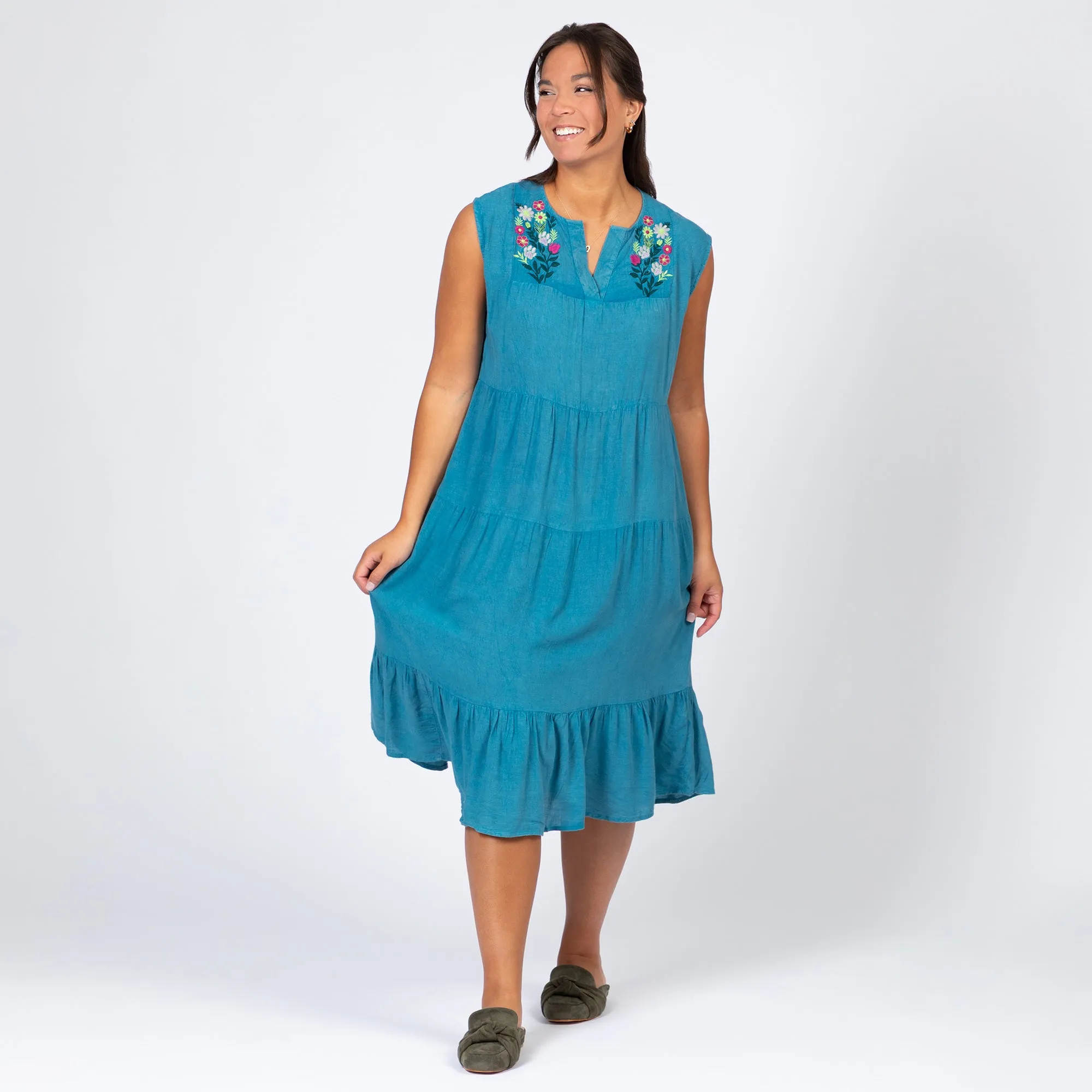 Stonewashed Paw Embroidered Tiered Sleeveless Dress
