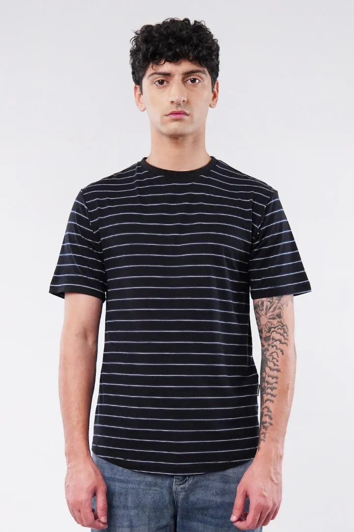 Striped Curved Hem T-Shirt - Black