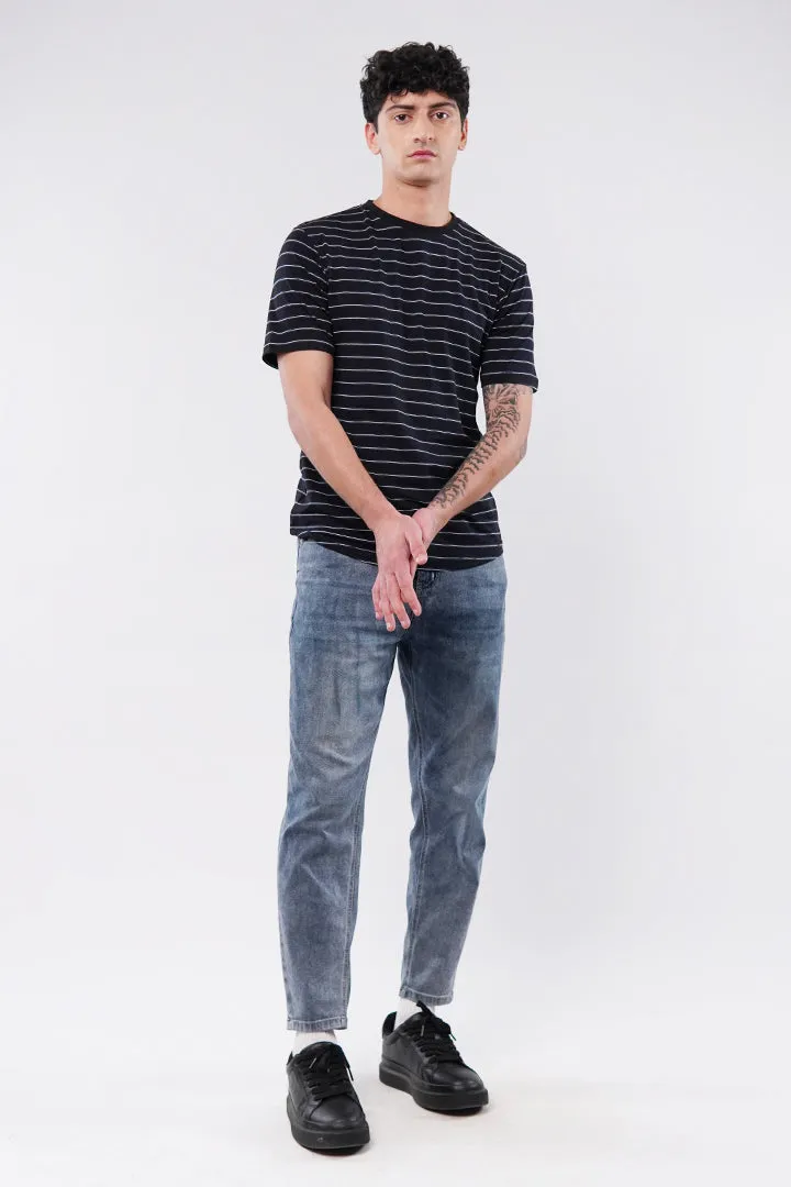 Striped Curved Hem T-Shirt - Black