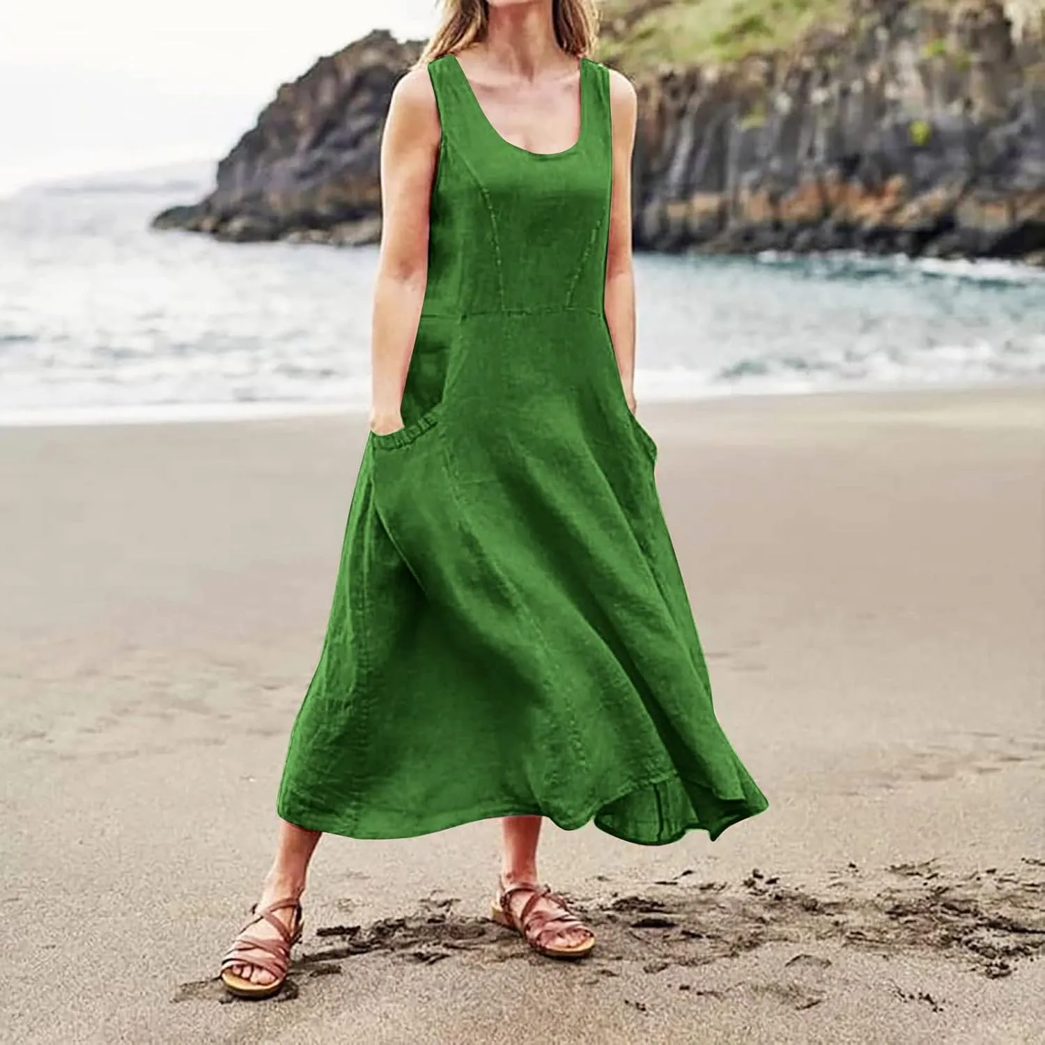 Summer Dresses for Women 2025 Linen Maxi Dresses Flowy Sleeveless Sundress with Pockets U Neck Boho Dress for Beach