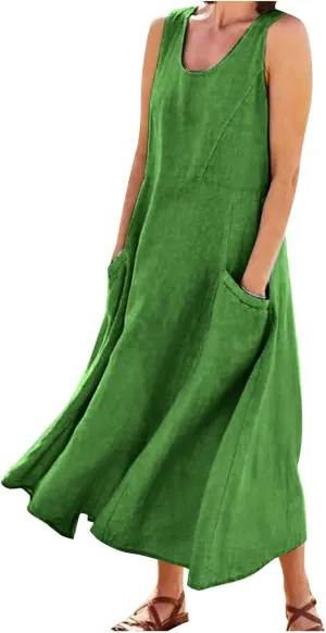 Summer Dresses for Women 2025 Linen Maxi Dresses Flowy Sleeveless Sundress with Pockets U Neck Boho Dress for Beach