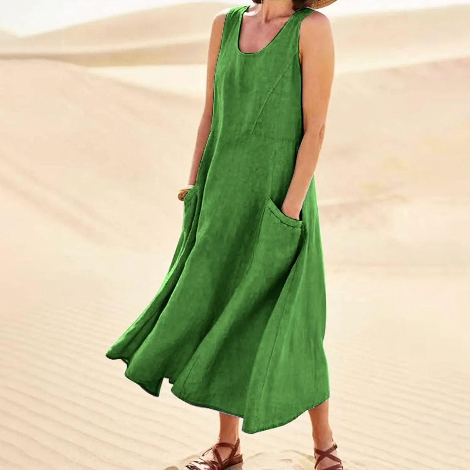 Summer Dresses for Women 2025 Linen Maxi Dresses Flowy Sleeveless Sundress with Pockets U Neck Boho Dress for Beach