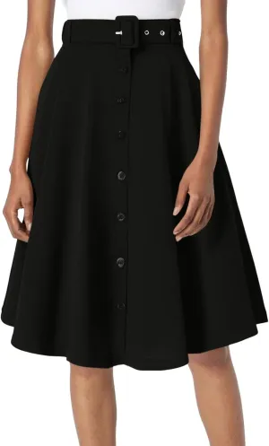 Summer Skirts for Women Casual High Waisted Button Down Swing A Line Flared Midi Skirt with Belts