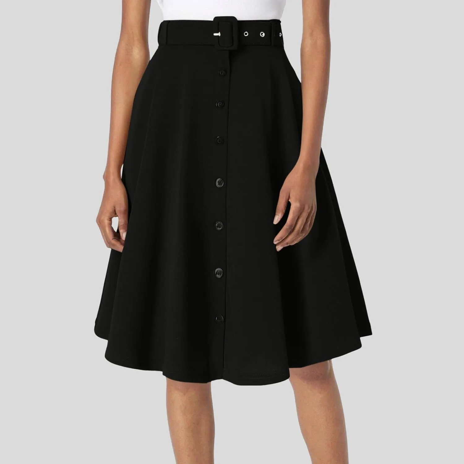 Summer Skirts for Women Casual High Waisted Button Down Swing A Line Flared Midi Skirt with Belts