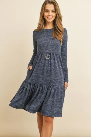 Two Tone Brushed Hacci Tiered Pocket Dress