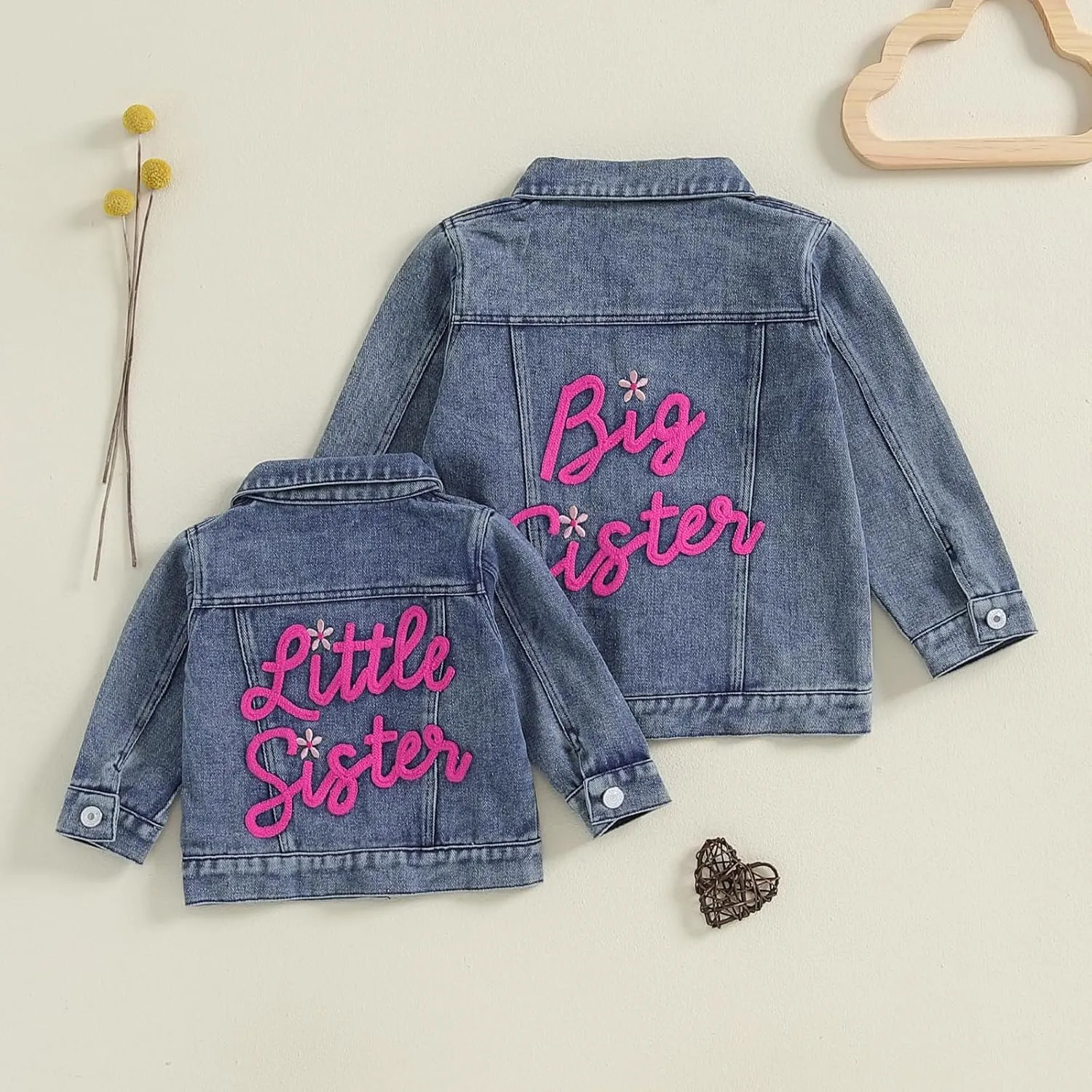 VISGOGO Toddler Baby Girl Jacket Big Lil Sister/Brother Letter Embroidery Jean Long Sleeve Cardigan Button Denim Coat