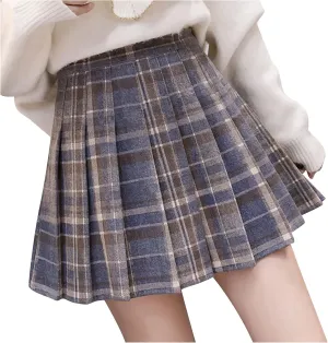 Women Grids Skirt A Line Furry Pleated Woolen Plaid Pleated High Waist Skirt Leather Pencil Skirt with Slit