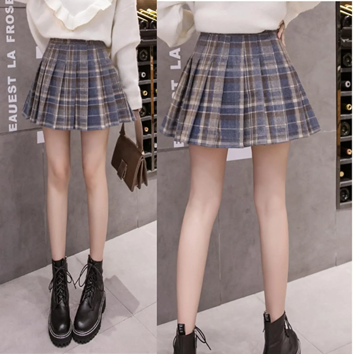 Women Grids Skirt A Line Furry Pleated Woolen Plaid Pleated High Waist Skirt Leather Pencil Skirt with Slit
