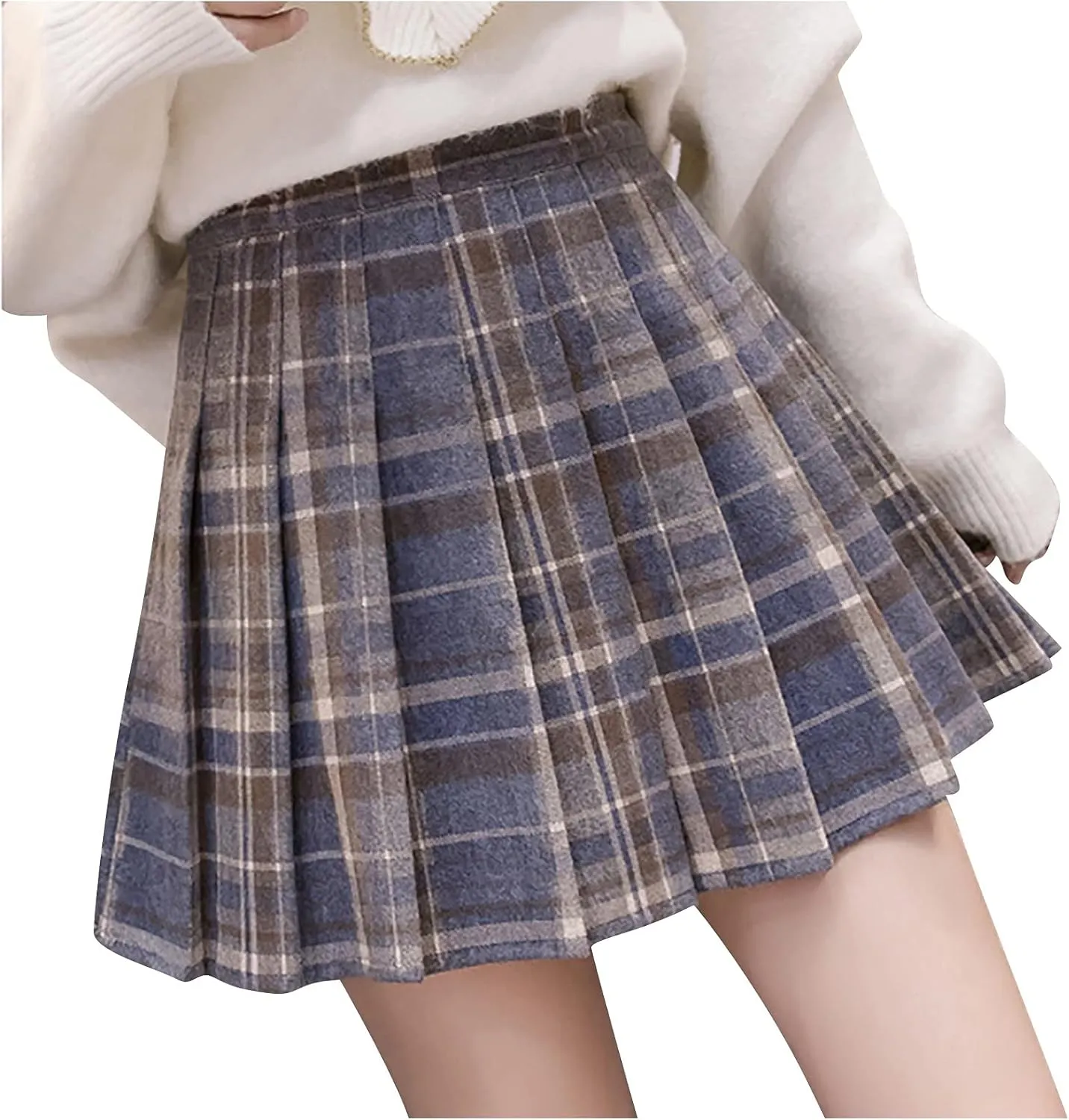 Women Grids Skirt A Line Furry Pleated Woolen Plaid Pleated High Waist Skirt Leather Pencil Skirt with Slit