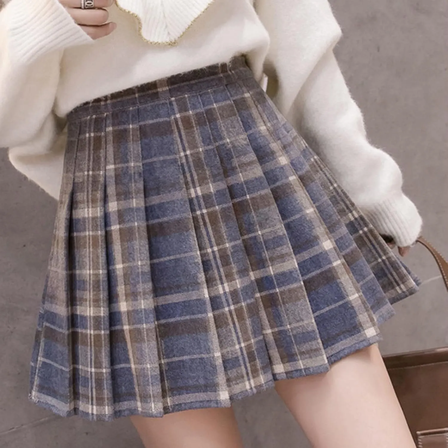 Women Grids Skirt A Line Furry Pleated Woolen Plaid Pleated High Waist Skirt Leather Pencil Skirt with Slit