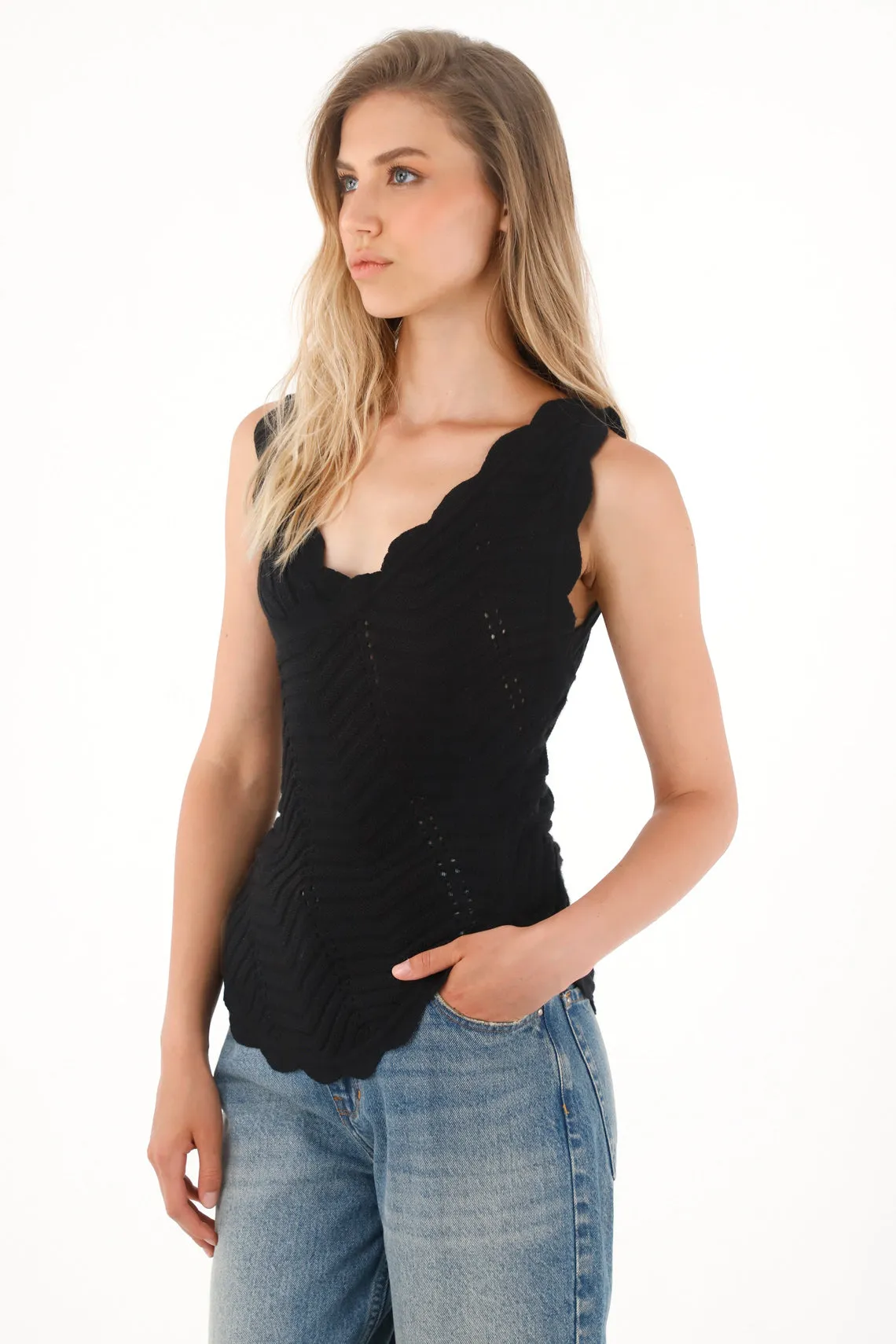 Women's Black Knit Cross-Design Shirt