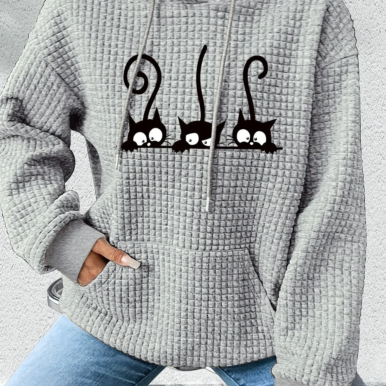 Women's Casual Waffle-Knit Hoodie with Cute Cat Print - Cozy Long Sleeve Pullover, Machine Washable
