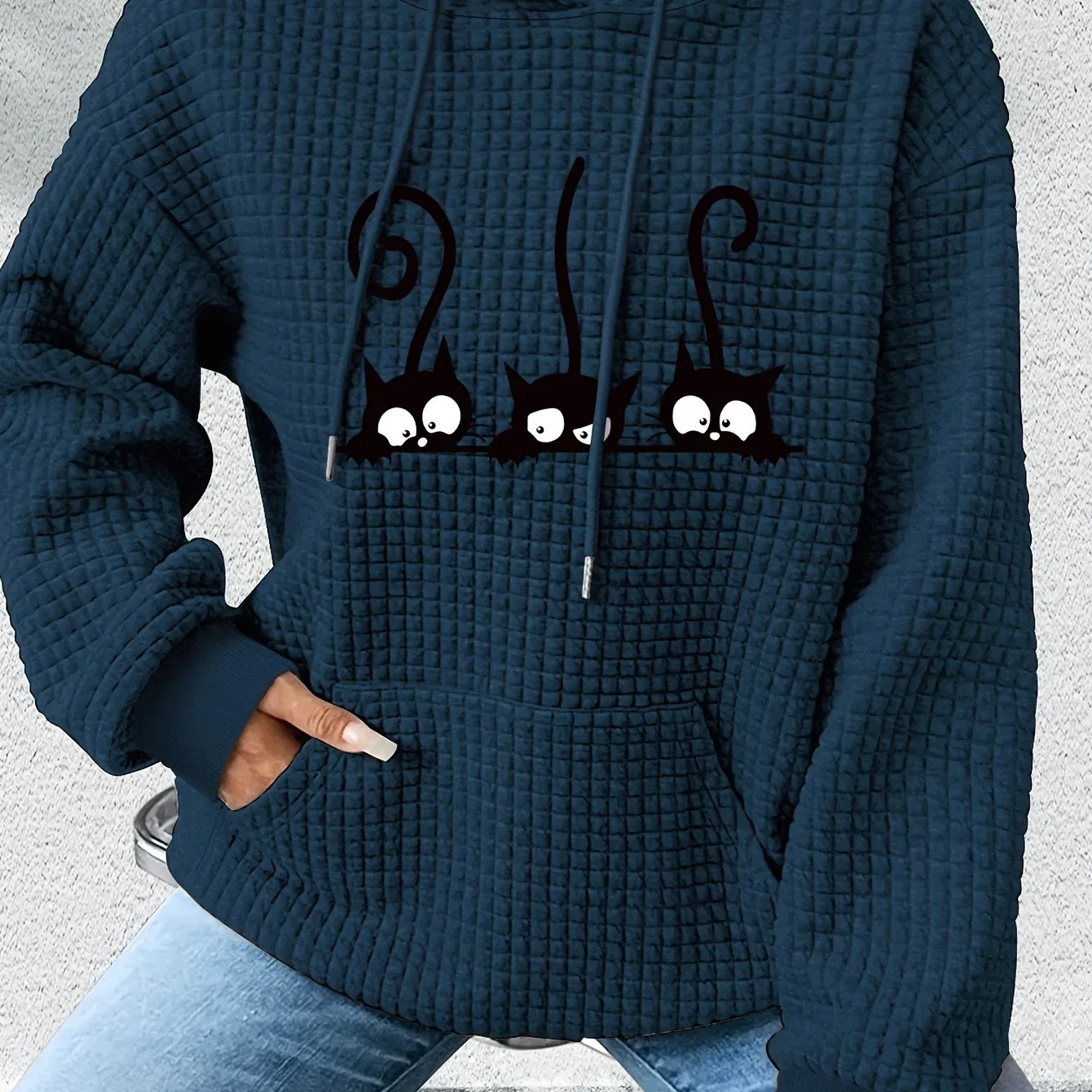 Women's Casual Waffle-Knit Hoodie with Cute Cat Print - Cozy Long Sleeve Pullover, Machine Washable