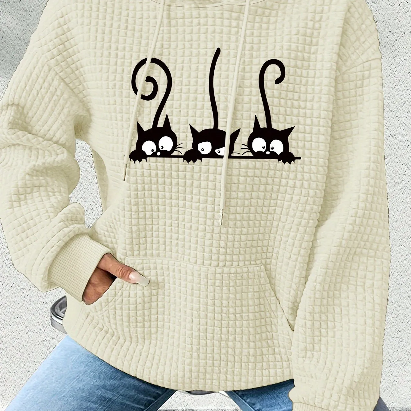 Women's Casual Waffle-Knit Hoodie with Cute Cat Print - Cozy Long Sleeve Pullover, Machine Washable