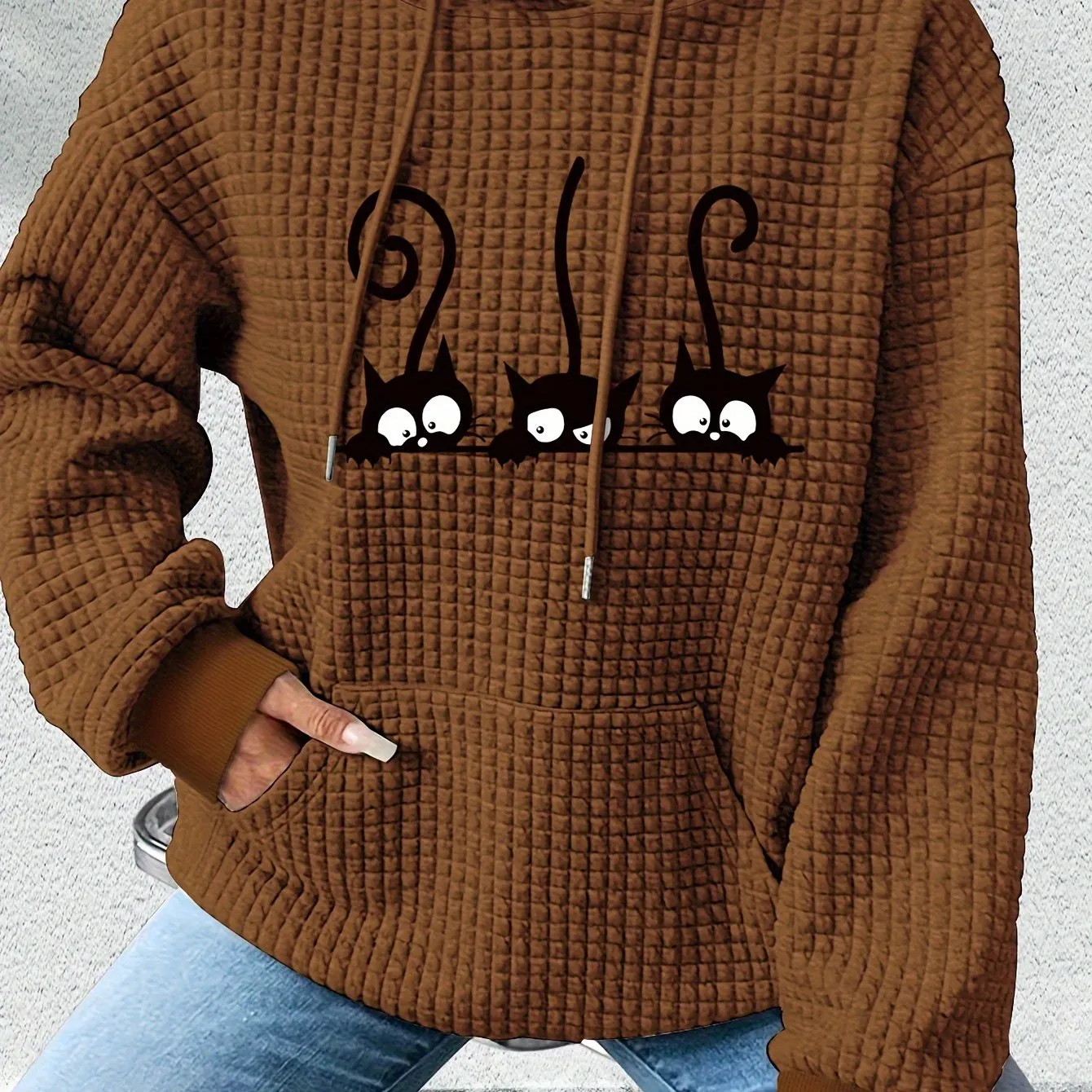 Women's Casual Waffle-Knit Hoodie with Cute Cat Print - Cozy Long Sleeve Pullover, Machine Washable