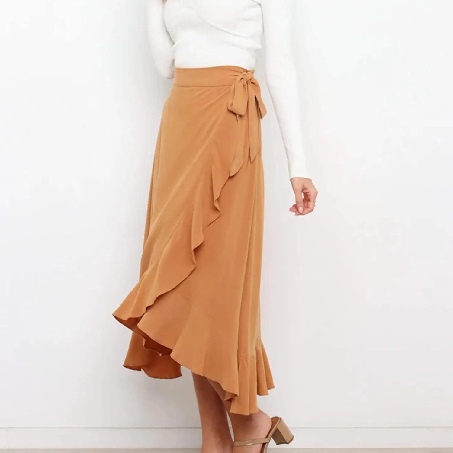 Women's Irregular Lace Up Maxi Dress Sexy Split Ruffle Skirts High Waist Classy Swing Midi Skirt Dressy