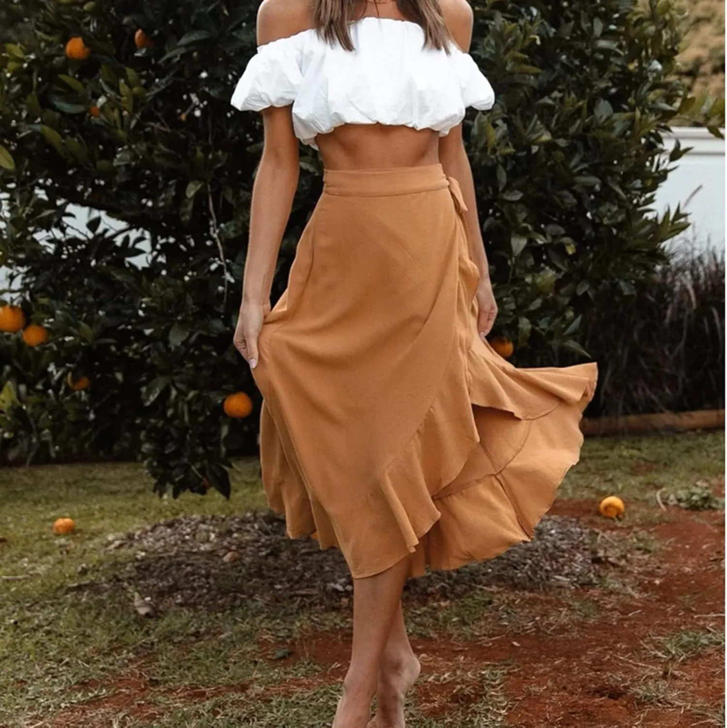 Women's Irregular Lace Up Maxi Dress Sexy Split Ruffle Skirts High Waist Classy Swing Midi Skirt Dressy