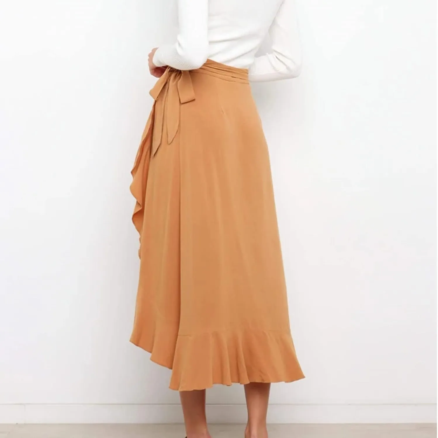 Women's Irregular Lace Up Maxi Dress Sexy Split Ruffle Skirts High Waist Classy Swing Midi Skirt Dressy