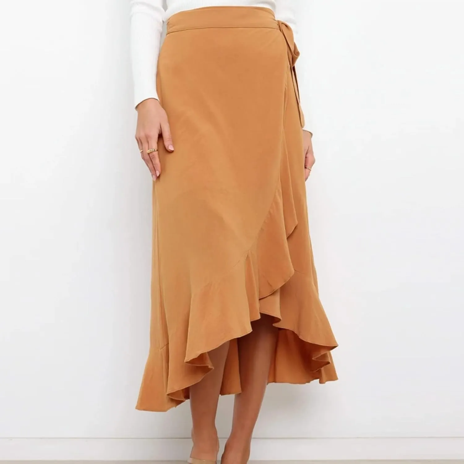 Women's Irregular Lace Up Maxi Dress Sexy Split Ruffle Skirts High Waist Classy Swing Midi Skirt Dressy