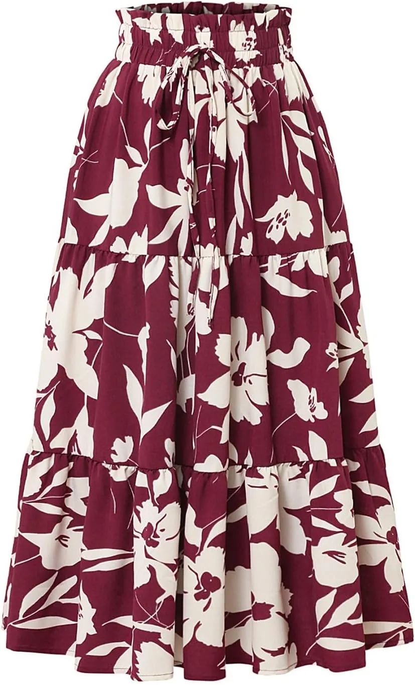Womens Maxi Skirt Floral Boho Elastic High Waist Drawstring Pleated Beach Skirt A-Line Flowy Tiered Long Skirts