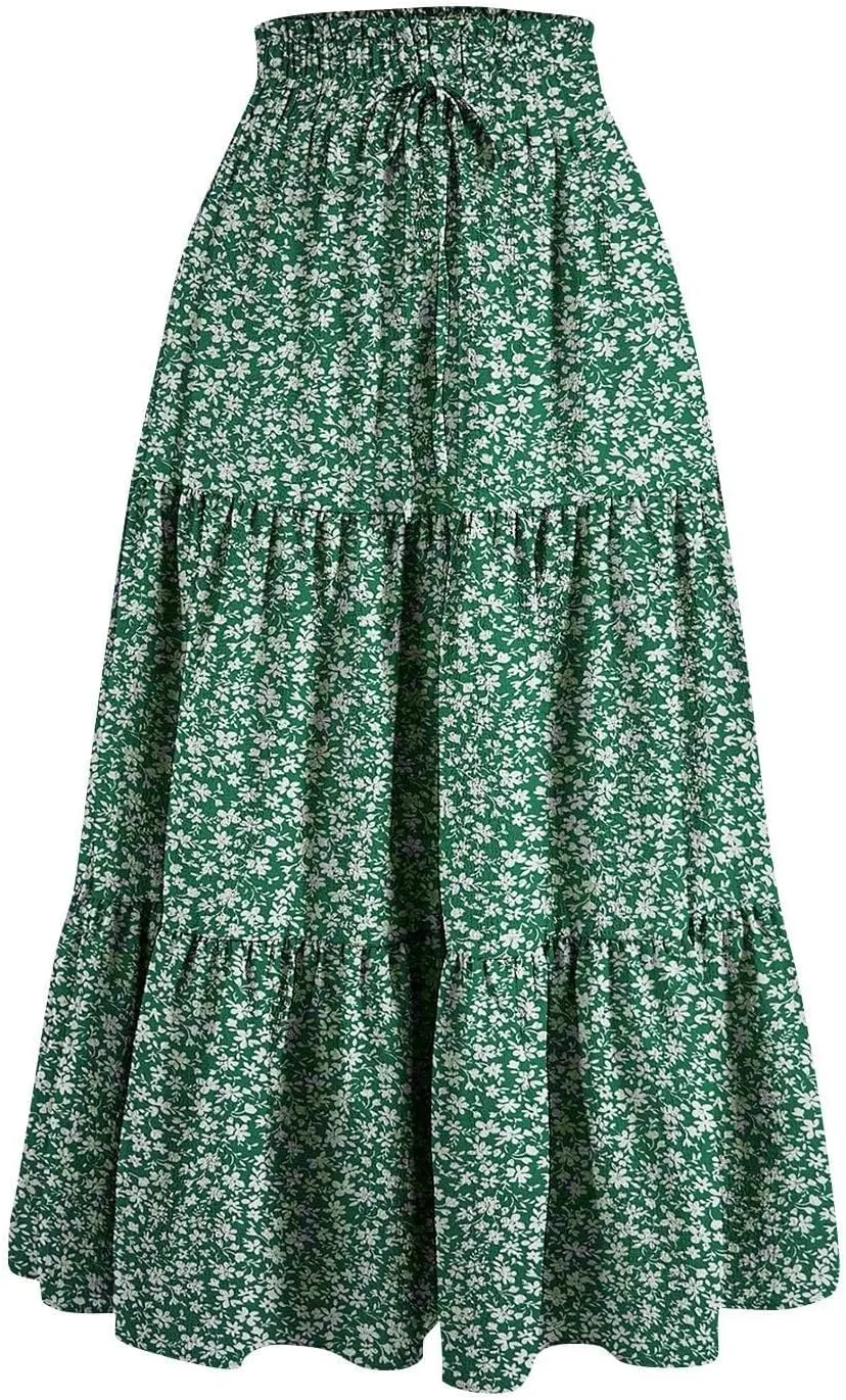 Womens Midi Skirts Elastic High Waist A-Line Swing Skirts Long Ruffle Tiered Hem Maxi Skirt