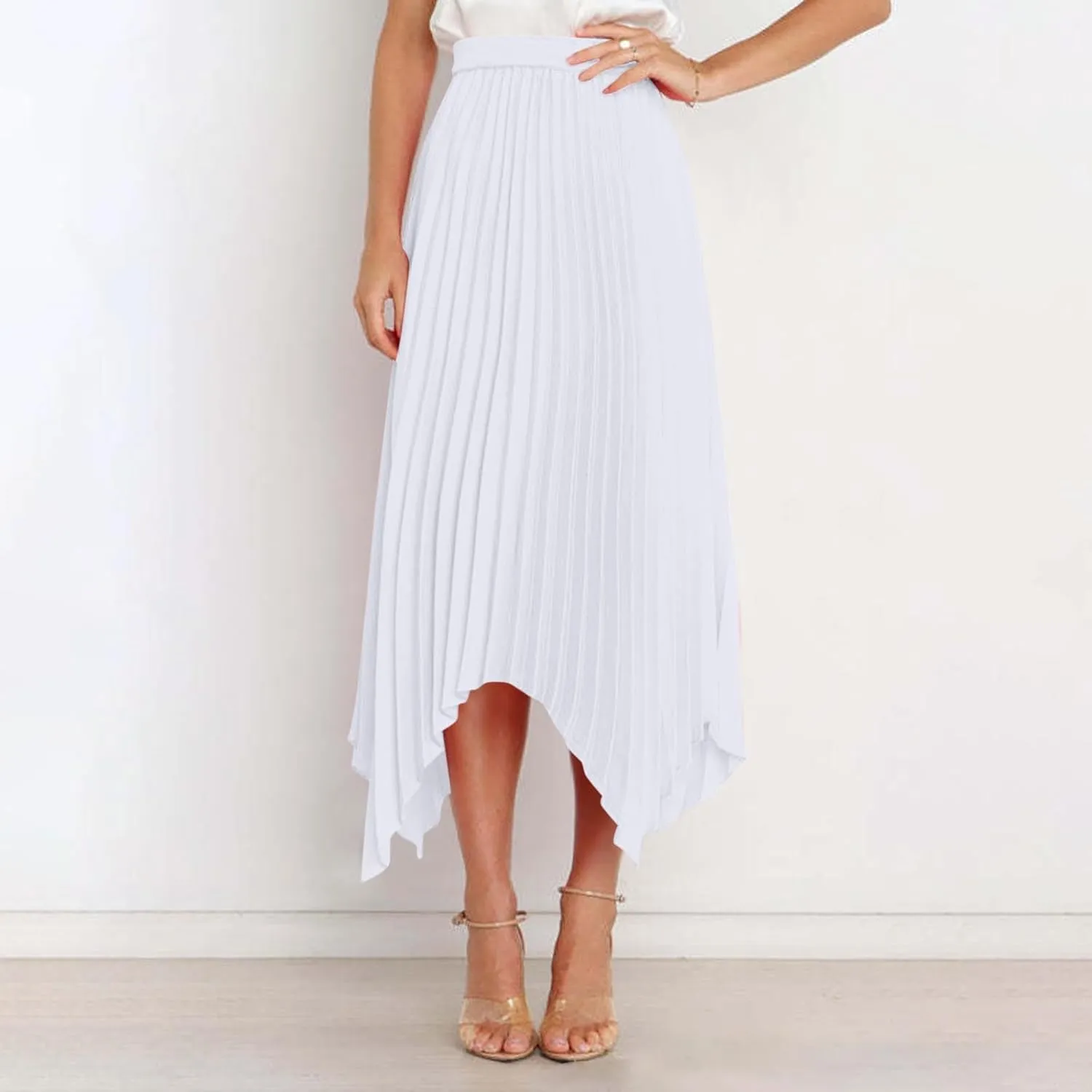 Women's Summer Skirt Solid Color High Waist Pleated A Line Swing Skirts Casual Fashion Irregular Hem Swing Skorts