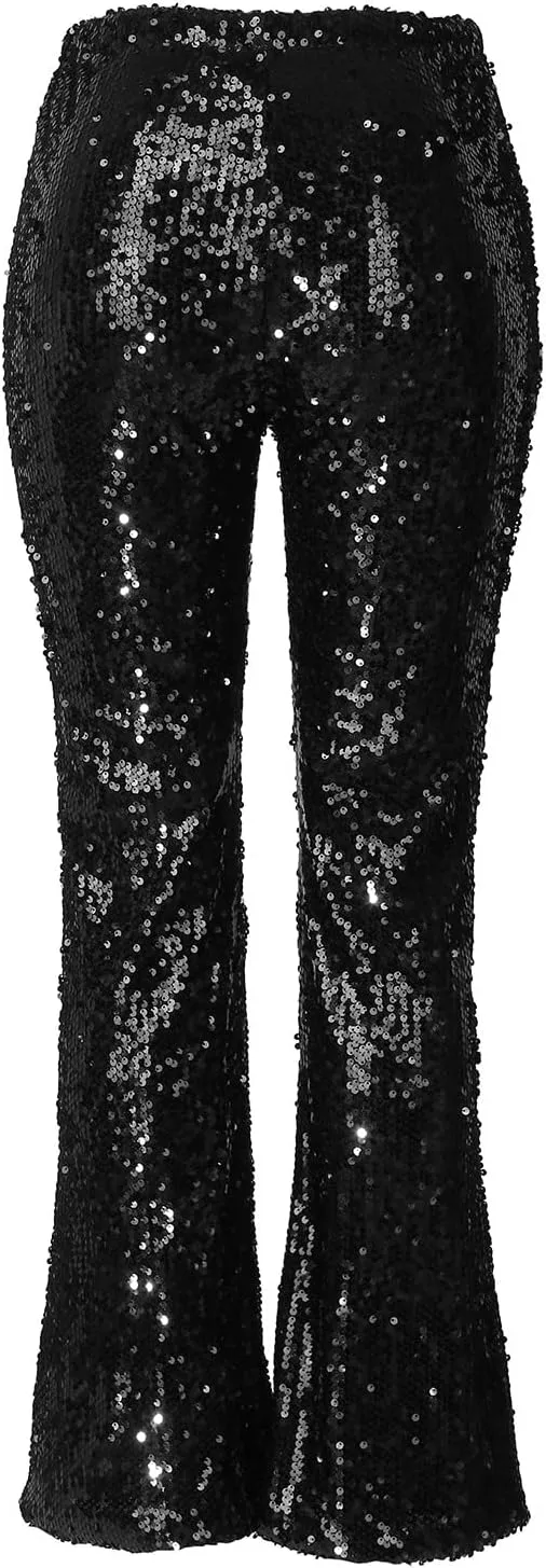 YOLAI Women's Sexy Sequined Shiny Flare Pants High Waist Stretch Bell Bottoms Pants Nightclub Party Trousers