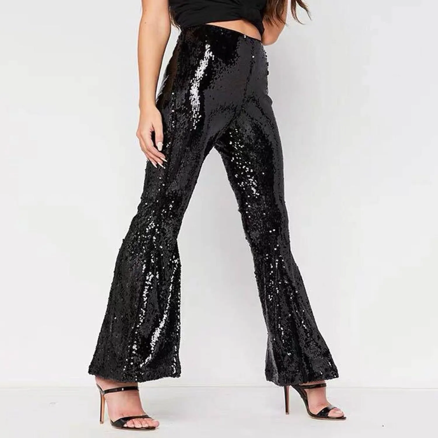 YOLAI Women's Sexy Sequined Shiny Flare Pants High Waist Stretch Bell Bottoms Pants Nightclub Party Trousers